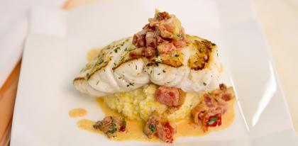 Pan Seared Florida Grouper with Smoked Gouda Grits and Tomato-Bacon Gravy